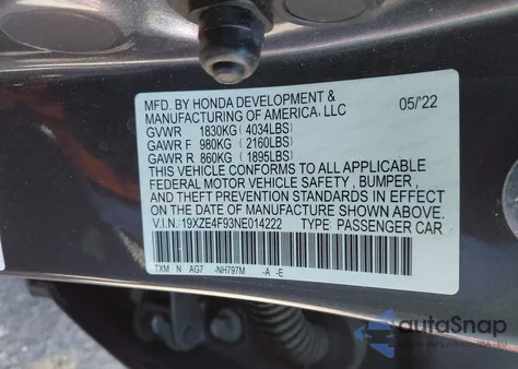 2022 Honda Insight Touring из США, поврежденный, VIN 19XZE4F93NE014222